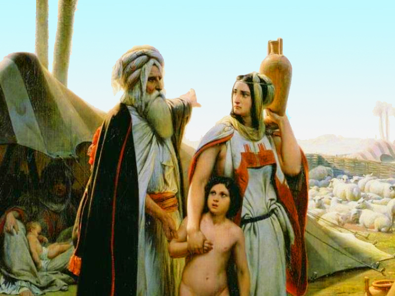 Abraham sends Haggar and Ishmael out of his camp on Sarah's request.