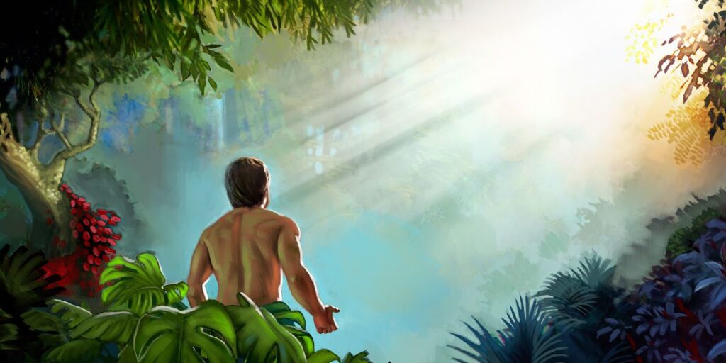Adam talks to God in the Garden of Eden