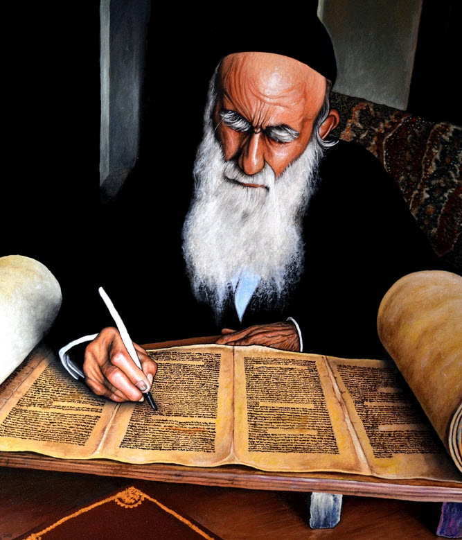 Jewish scribe writing a scroll.  Jewish process for copying original scrolls to new scrolls have been scrutinized by many scientists and found to be so accurate that comparing copies have found only two minor differences.  Those differences made no difference in Scripture interpretation.