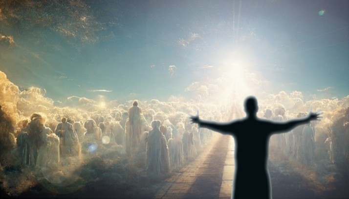 An artist rendition of entering heaven.  We can't imagine it.  It isn't floating around on clouds playing harps.  It is paradise.  It's where we will be if we can good eternal decisions.
