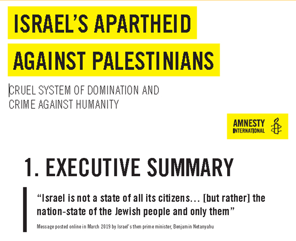 Amnesty International's executive briefing charging Israel with Apartheid because of disputes in Israel's land.