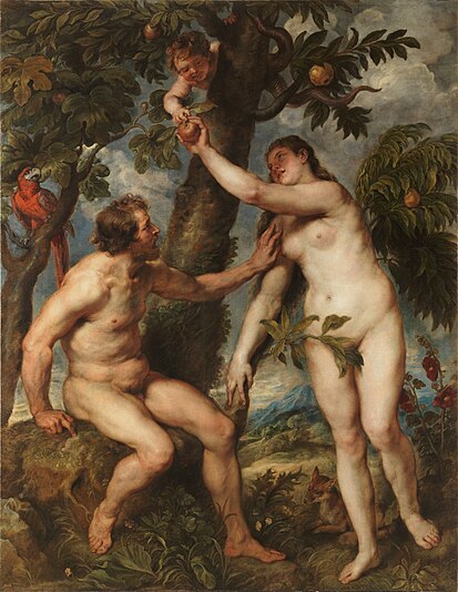 Adam and Eve being tempted to eat the fruit of the Tree of Knowledge of Good and Evil.
