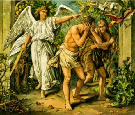 Adam and Eve being expelled from the Garden of Eden so they would not eat from the Tree of Life and be like God. They left in a state of needing forgiveness.